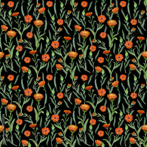 Seamless pattern on a dark background painted in watercolor. Suitable for textile design  scrapbooking  wallpaper and paper.