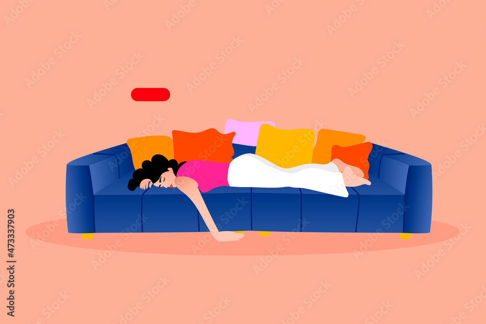 Obraz premium woman sleeping on the sofa with a red battery sign over her head for low energy 