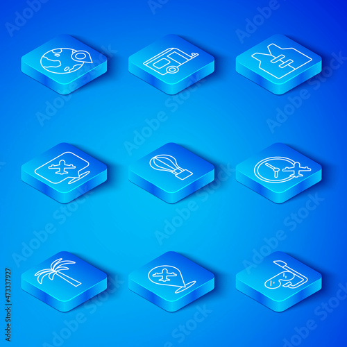 Set line Tropical palm tree, Hot air balloon, Plane, Clock with airplane, Life jacket, Speech bubble, Location the globe and Diving mask and snorkel icon. Vector