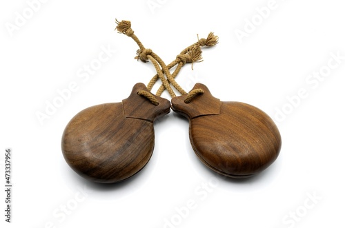 Spanish castanuelas, typical musical instrument of Spanish folklore, typical of the Aragonese jota on white background. photo