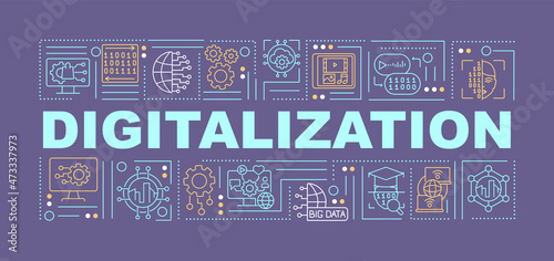 Digitalization word concepts banner. Public services technology. Infographics with linear icons on purple background. Isolated creative typography. Vector outline color illustration with text