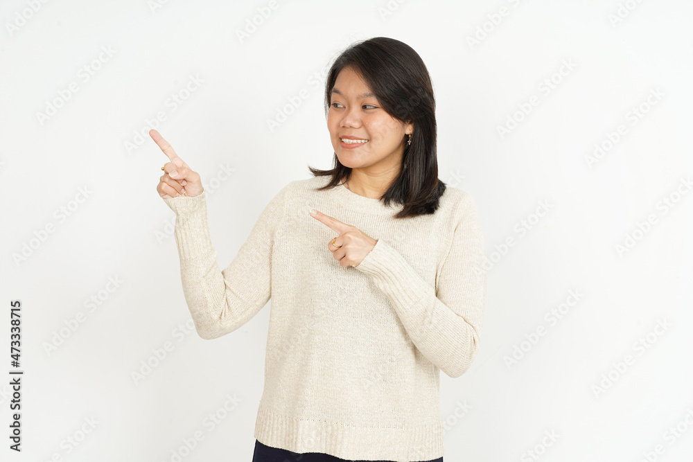Pointing aside Showing Product of Beautiful Asian Woman Isolated On White Background Pointing aside Showing Product of Beautiful Asian Woman Isolated On White Background