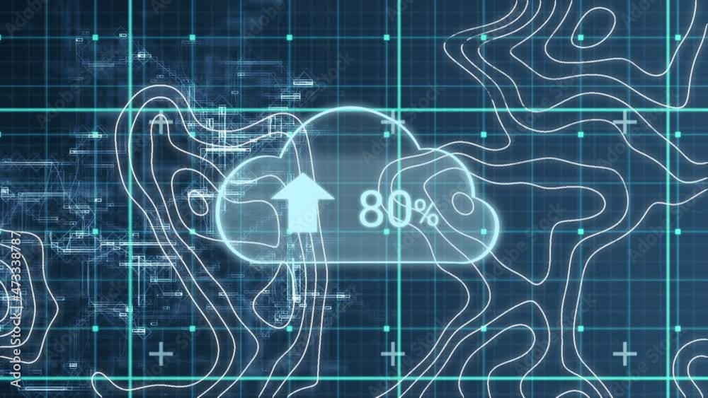 Animation of clouds with icons over white lines Animation of clouds with icons over white lines