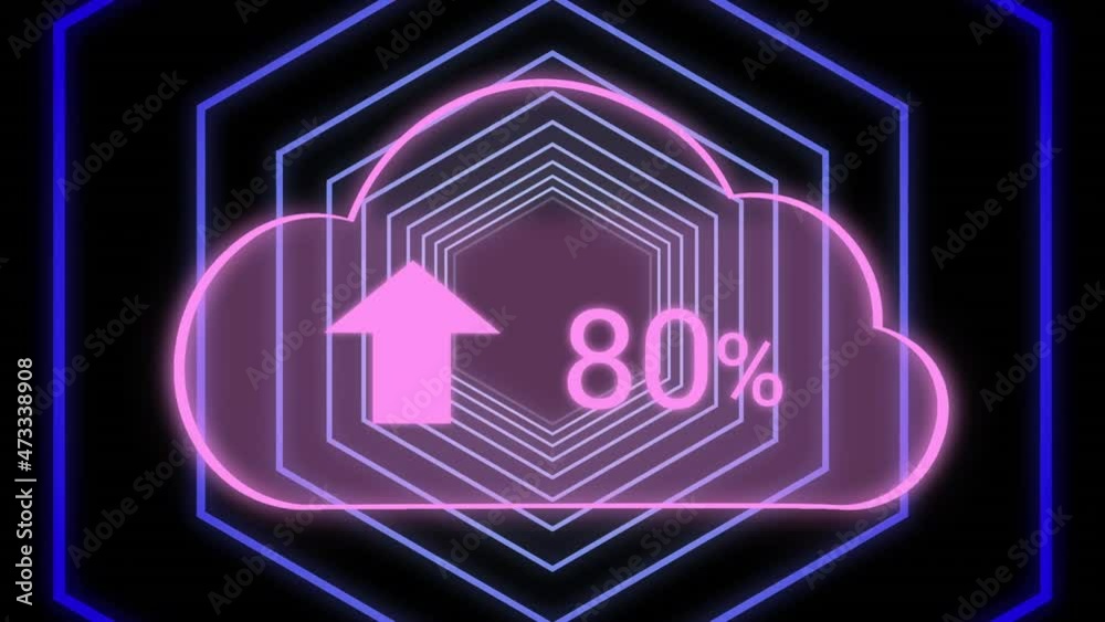 Animation of cloud with growing number over neon hexagons Animation of cloud with growing number over neon hexagons