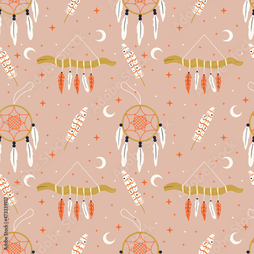 Seamless boho pattern with dream catcher hanging amulet. Background with hand drawn ethnic element with feathers. Native magic decoration for sleep. Vector for textile, wrapping paper, cover, print