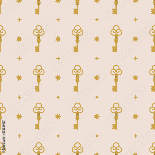 Seamless pattern with vintage key and celestial stars symbols. Ancient golden door opener in boho style. Hand drawn fairy tale background for textile, wrapping paper, print and design