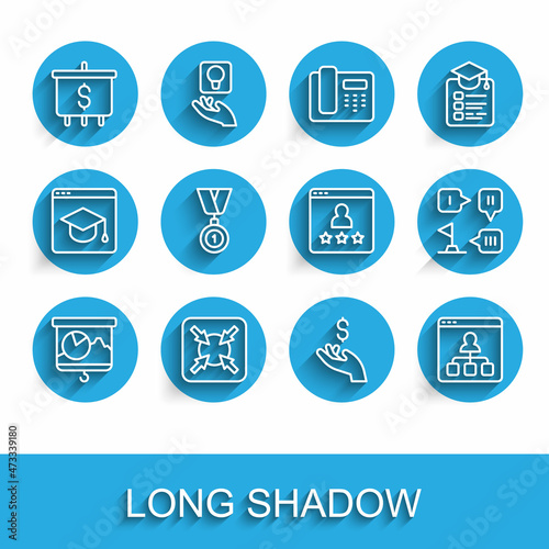 Set line Chalkboard with chart, Target, dollar, Hand holding coin money, Online education, Medal, Planning strategy and Customer product rating icon. Vector