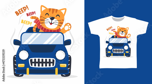 Cute cat and blue car tee design concept