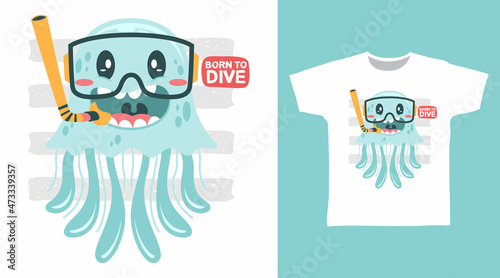 Cute jellyfish dive tee design concept