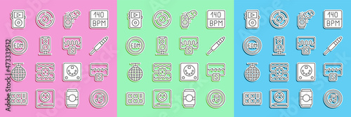 Set line Music note, tone, wave equalizer, Audio jack, Stereo speaker, EDM electronic dance music, player and icon. Vector