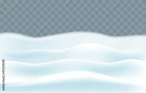 Snowy landscape isolated on dark transparent background. Vector illustration of winter decoration. Snow hills background. Snowdrift design element. Game art concept