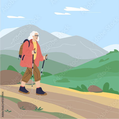 Old active woman traveling with backpacks on holidays. Happy elderly woman walking with nordic walking sticks, hiking. Colored flat vector illustration of traveler isolated on white background