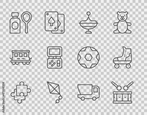 Set line Puzzle pieces toy, Drum with drum sticks, Whirligig, Kite, Soap bubbles bottle, Tetris electronic game, Toy truck and Roller skate icon. Vector