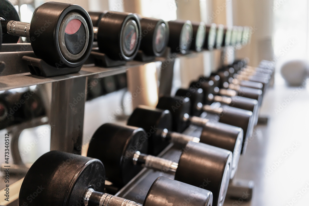 sports dumbbells for training and fitness lie in a row in the gym, a symbol of a sporty lifestyle and health. fitness center sports dumbbells for training and fitness lie in a row in the gym, a symbol of a sporty lifestyle and health. fitness center
