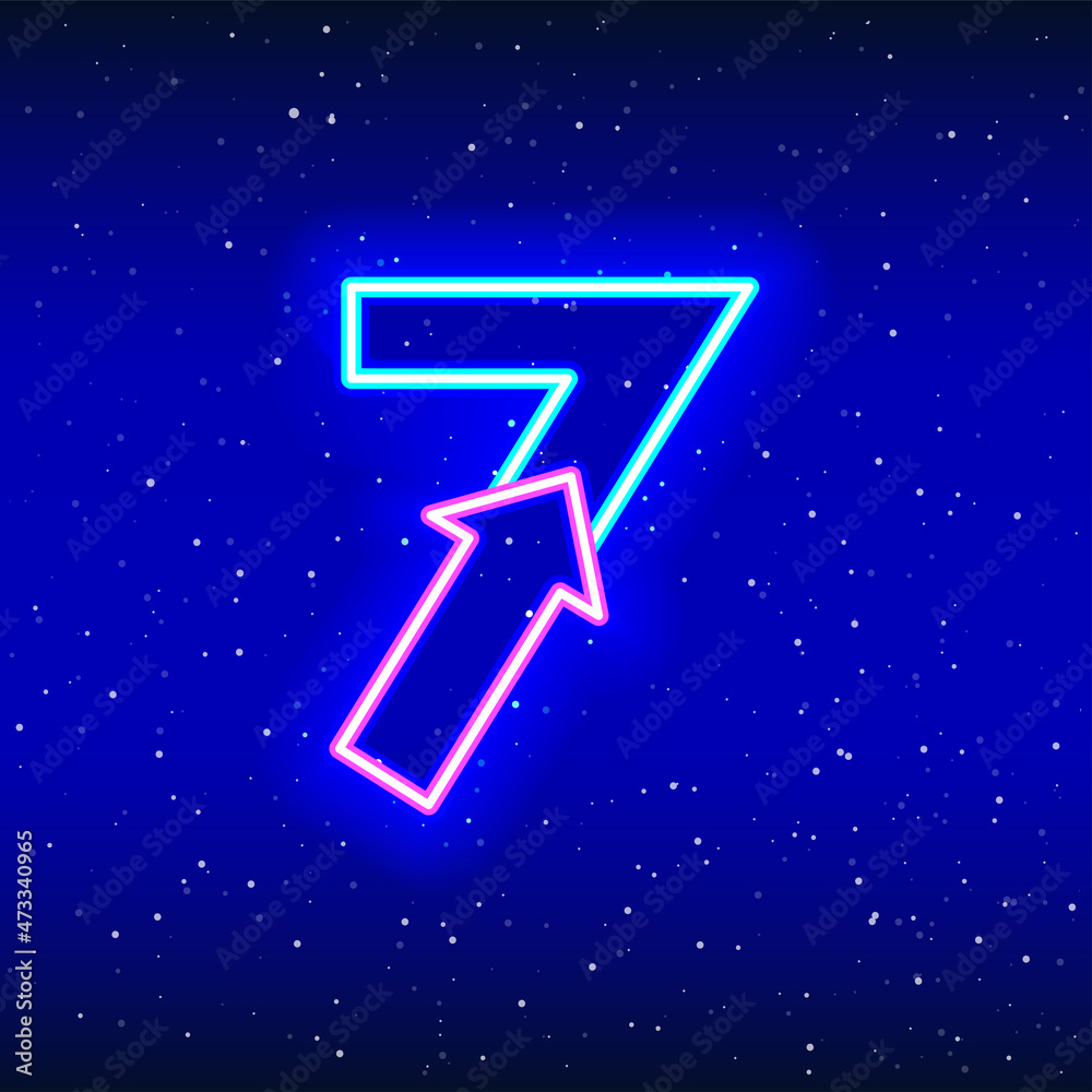 Number 7 and arrow sign icon in neon blue and pink color. Arrowed numeral seven of space stars. Neon linear digit design. Realistic neon icon. Linear icon on blue background. Number 7 and arrow sign icon in neon blue and pink color. Arrowed numeral seven of space stars. Neon linear digit design. Realistic neon icon. Linear icon on blue background.