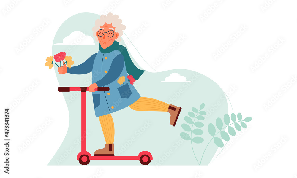 A cute grandmother in glasses and a coat rides a scooter with a bouquet of flowers and enjoys. The concept of using modern transport by the elderly, active lifestyle. Vector illustration.
