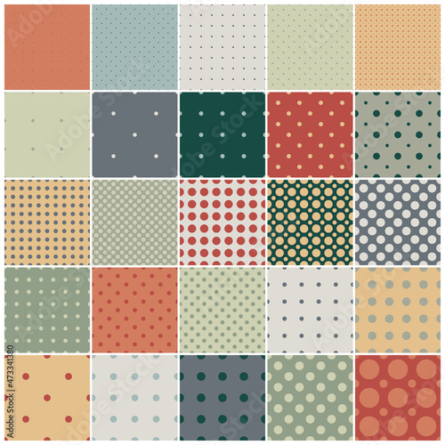 Collection of colorful dotted geometric seamless patterns - minimalistic design. Simple delicate color textures - endless backgrounds. Trendy textile repeatable prints