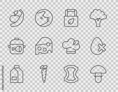 Set line Paper package for milk, Mushroom, Shopping bag with recycle, Carrot, Apple and banana, Cheese, Leather and No egg icon. Vector