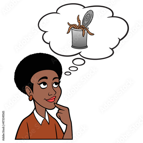 Woman thinking about a Can of Worms - A cartoon illustration of a Woman thinking about opening up a Can of Worms.