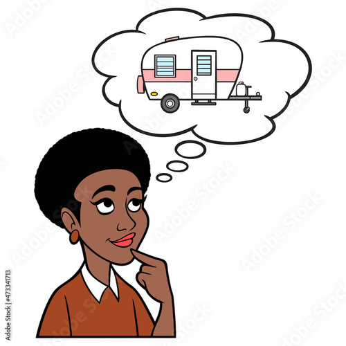 Black Woman thinking about a Camper - A cartoon illustration of a Black Woman thinking about going a Camping vacation.