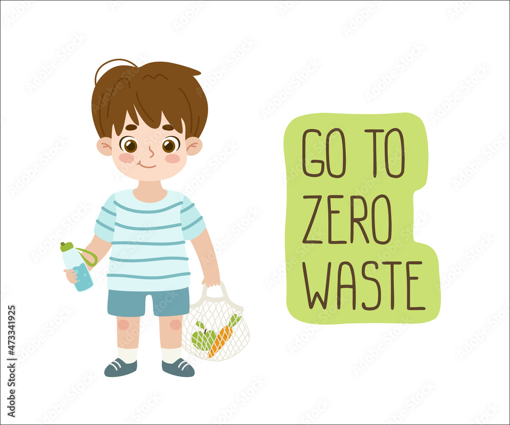 Friendly boy with cotton shopper and reusable bottle. Go to zero waste lettering. Eco friendly child. Friendly boy with cotton shopper and reusable bottle. Go to zero waste lettering. Eco friendly child.
