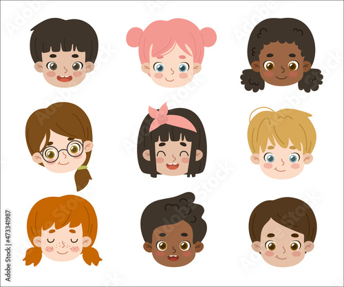 Set of children friendly faces. Collection of diverse kids heads. Bundle of portraits different boys and girls.