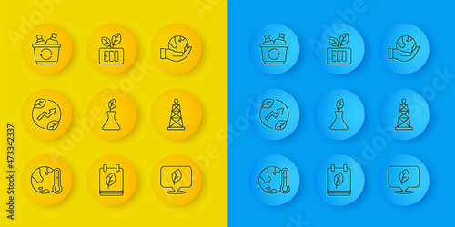 Set line Earth melting to global warming, Electric saving plug leaf, Plant breeding, Location with, Oil rig, Recycle bin, Hand holding globe and Leaf Eco symbol icon. Vector