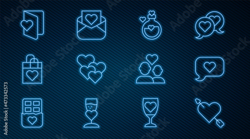Set line Amour with heart and arrow, Heart in speech bubble, Bottle love potion, Shopping bag, Valentines day flyer, Lover couple and Envelope icon. Vector