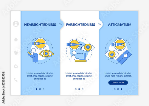 Laser eye operation onboarding vector template. Eye disease treatment. Responsive mobile website with icons. Web page walkthrough 3 step screens. Blue color concept with linear illustration