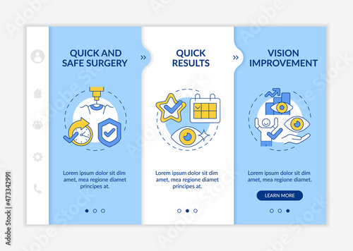 Laser eye surgery blue onboarding vector template. Safe and reliable method. Responsive mobile website with icons. Web page walkthrough 3 step screens. Blue color concept with linear illustration