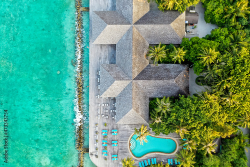 Aerial view, Kuredu with beaches and Palmtrees, Lhaviyani Atoll, Maldives, Indian Ocean, Asia