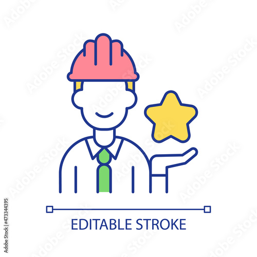 Worker with star RGB color icon. Professional achievements and career goals. Employee personal development strategy. Isolated vector illustration. Simple filled line drawing. Editable stroke