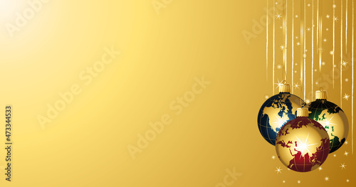 Beautiful globes balls on a golden festive christmas background banner. Vector illustration.
