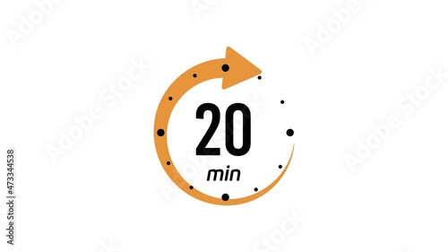 20 minutes timer symbol color style isolated on white background. 20 min time circle icon. Animation timer icon with twenty min. Clock, stopwatch, cooking time label. Motion