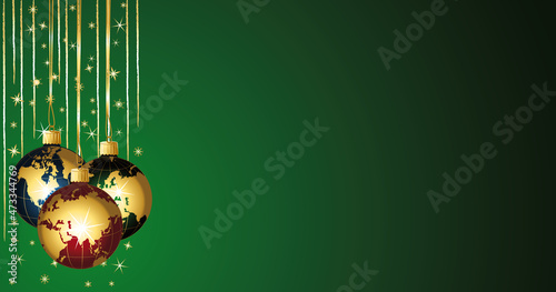 Beautiful globes balls on a green festive christmas background banner. Vector illustration.	