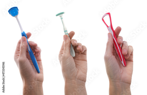 Collage with photos of women holding different tongue scraper on white background, closeup