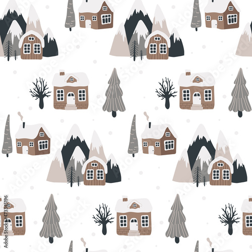 Seamless Scandinavian pattern with hand-drawn houses, mountains and trees. Vectral pattern for baby textiles, gift paper, baby room design