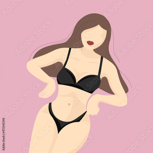 Vector digital illustration with cute girl. Use for wall art, fabric print, social media avatar. Flat fashion illustration. Minimalist abstract artwork. Sensual lady in bikini on pink background.