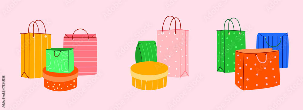 Set of three various craft paper shopping or gift bags. Hand drawn colored vector illustration