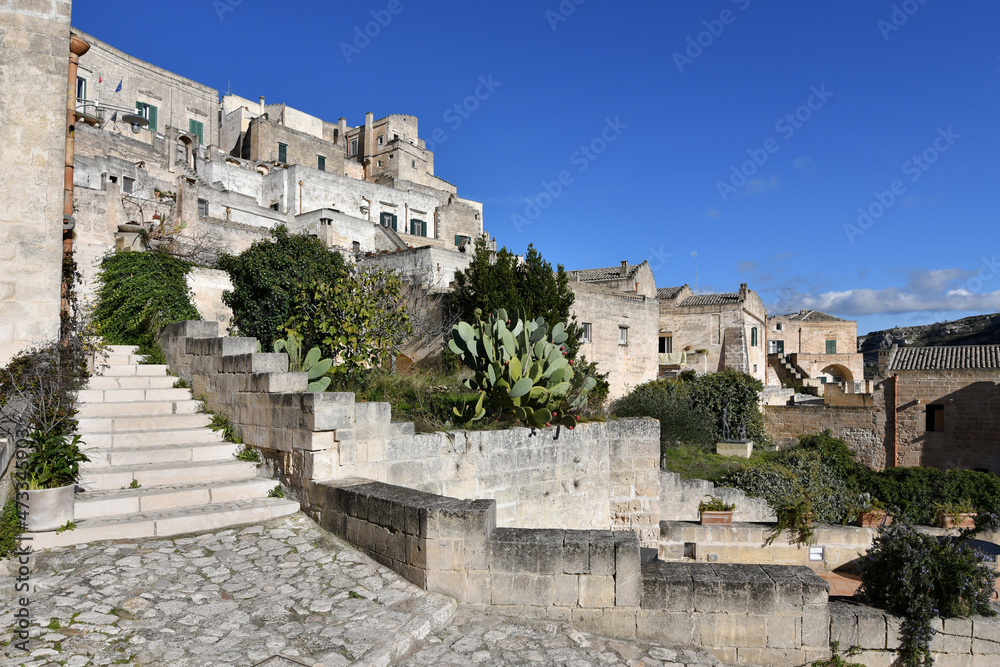 A street in Matera, an ancient city built into the rock. It is located in the Basilicata region.
