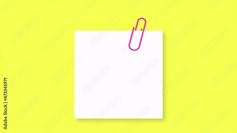 Animated yellow note paper with paperclip. Notepaper sticker with paperclip for reminder in school, office and home. Template for memo. 4K video motion graphic