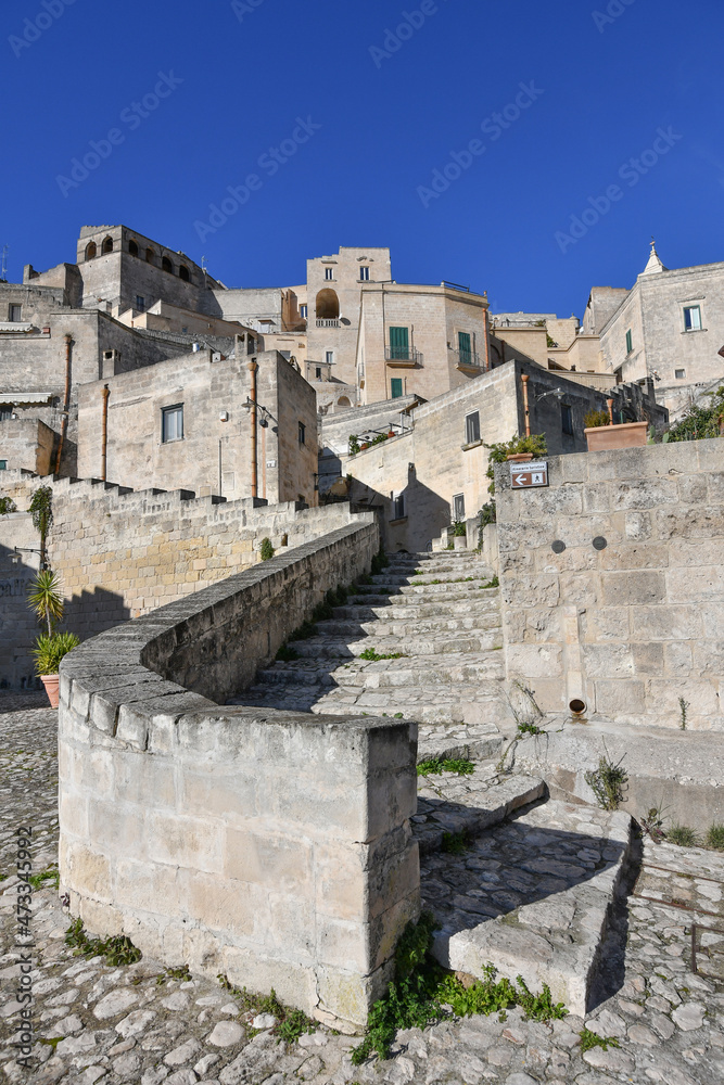 A street in Matera, an ancient city built into the rock. It is located in the Basilicata region.