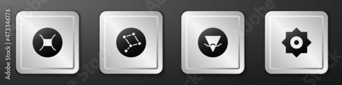 Set Gemini zodiac, Great Bear constellation, Earth element and Falling star icon. Silver square button. Vector
