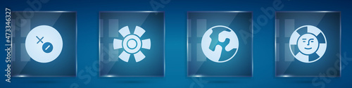 Set Venus symbol, Sun, Earth globe and . Square glass panels. Vector
