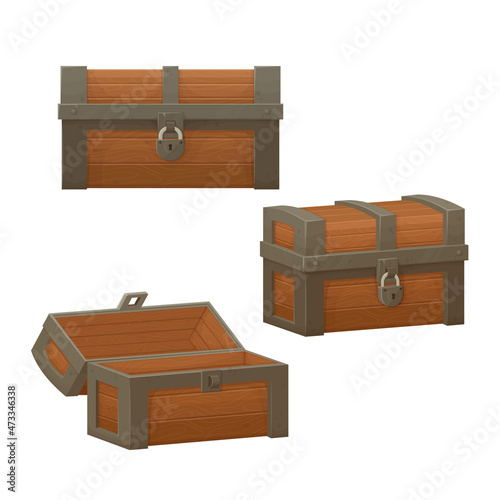 Old wooden chest with opened and closed lid.  Pirate treasure. Vintage trunk.Cartoon style illustration. Vector. © Tatiana Zhzhenova
