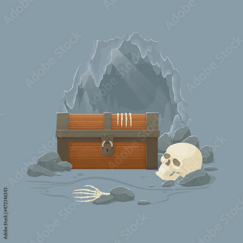 Human skeleton with old wooden chest in a cave. Pirate treasure, reward, danger, exploration. Cartoon style illustration. Vector.