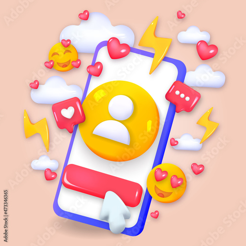 3D Social media platform, online social communication concept, emoji, hearts, lightning, chat and clouds. Phone with user picture and subscribe button. Instagram.