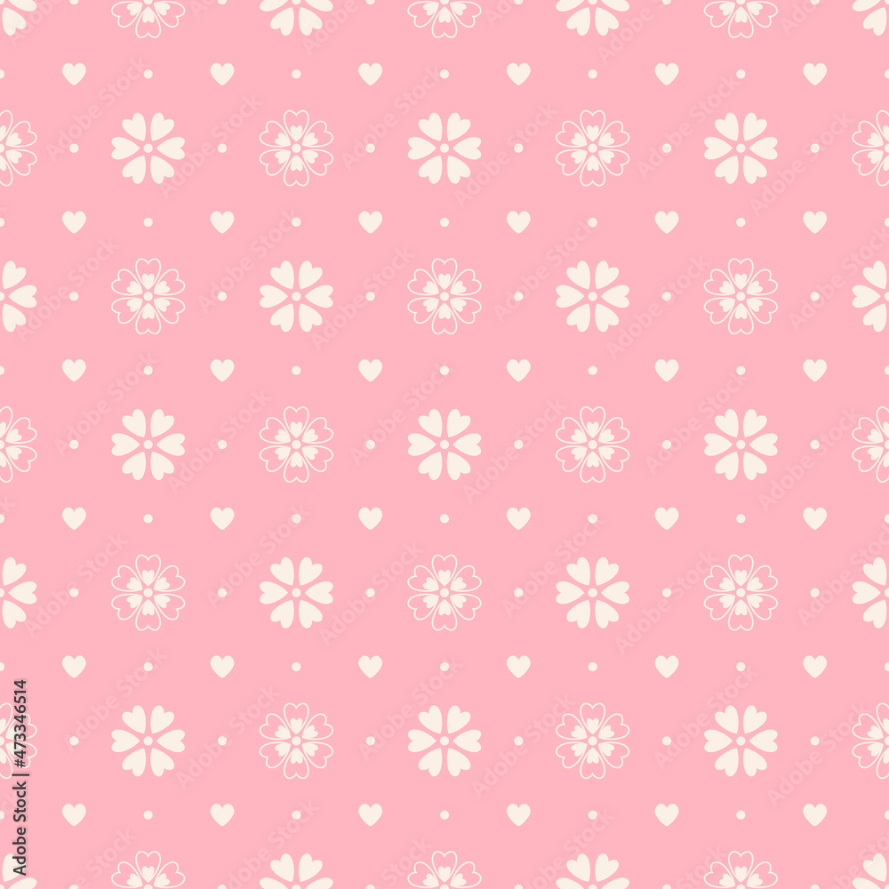 Seamless pattern of cream heart shaped flowers and hearts on a pink background.
Seamless pattern of cream heart shaped flowers and hearts on a pink background.