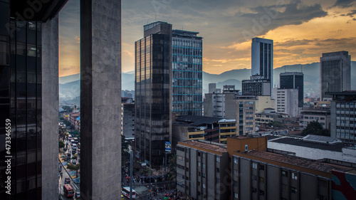 Medellin downtown at sunset with buildings