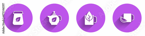 Set Tea packaging, Teapot with leaf, Cup of tea and lemon icon with long shadow. Vector